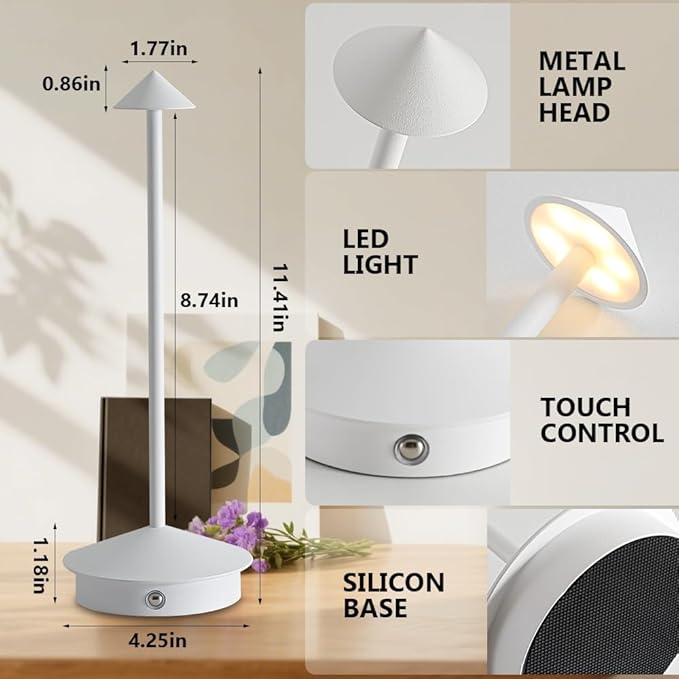 2 Pack LED Rechargeable Cordless Table Lamps,Portable Outdoor 5000mAh Battery Operated Table Light Touch Control 3 Color Dimmable for Patio/Cofee/Restaurant/Camping/Dining/Bedroom-White