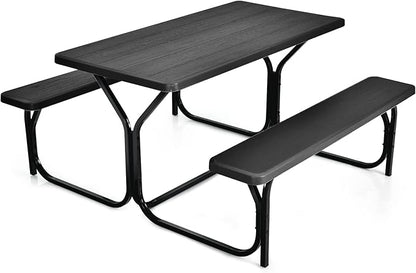 Tangkula Picnic Table Bench Set, Outdoor Picnic Table with 2 Benches, Metal Camping Table with Plastic Wood-Like Texture Tabletop & Steel Frame, Ideal for Picnic, Party, Garden, Lawn (Black)