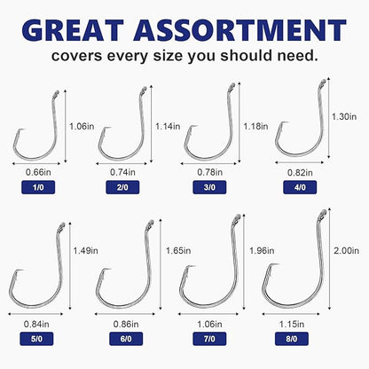 UCEC Circle Hooks Fishing Hooks 2X Strong Offset Circle Hooks Saltwater Black High Carbon Steel Octopus Catfish Fishing Hooks Fishing Gear Tackle 150pcs/ 240pcs - Size:#1 1/0 2/0 3/0 4/0 5/0 6/0 8/0