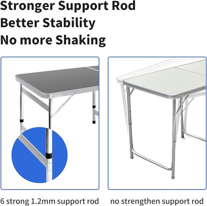 Camping Table 6FT Folding Table Large 3 Adjustable Height Portable Picnic Camp Aluminum Outdoor Table Picnic BBQ Black