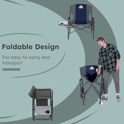 Oversized Directors Camping Chair Set of 2 Support 600 LBS, Heavy Duty Folding Outdoor Chairs with Detachable Side Pocket and Adjustable Side Table for Outside Beach,Lawn,Fishing (Blue)