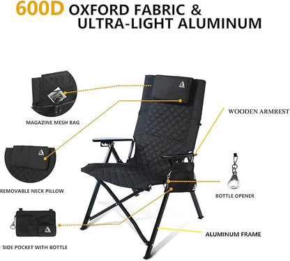 Reclining Camping Chair, Heavy Duty Folding Chairs with 4-Stage Adjustable High Back for Adults, Compact Foldable Outdoor Patio Reclining Chair with Storage Bag (Black, 2 Pack)