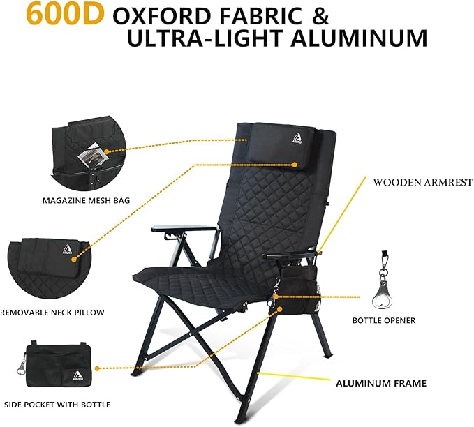Reclining Camping Chair, Heavy Duty Folding Chairs with 4-Stage Adjustable High Back for Adults, Compact Foldable Outdoor Patio Reclining Chair with Storage Bag (Black, 1 Pack)