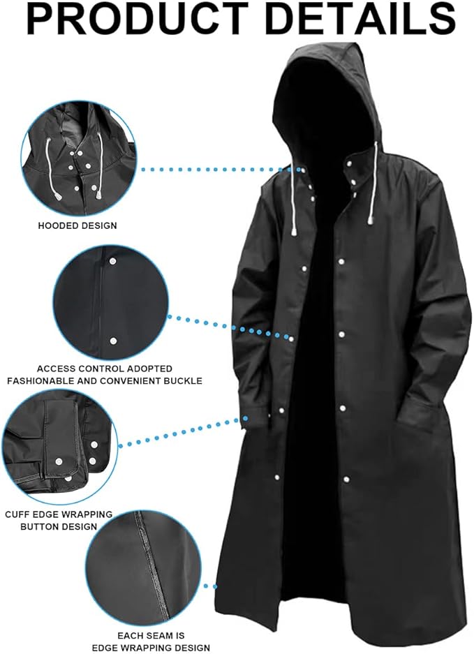Men's Reusable EVA Long Raincoat, Windproof Waterproof Trench Coat for Hiking Fishing Dog Walking Outdoor Activities