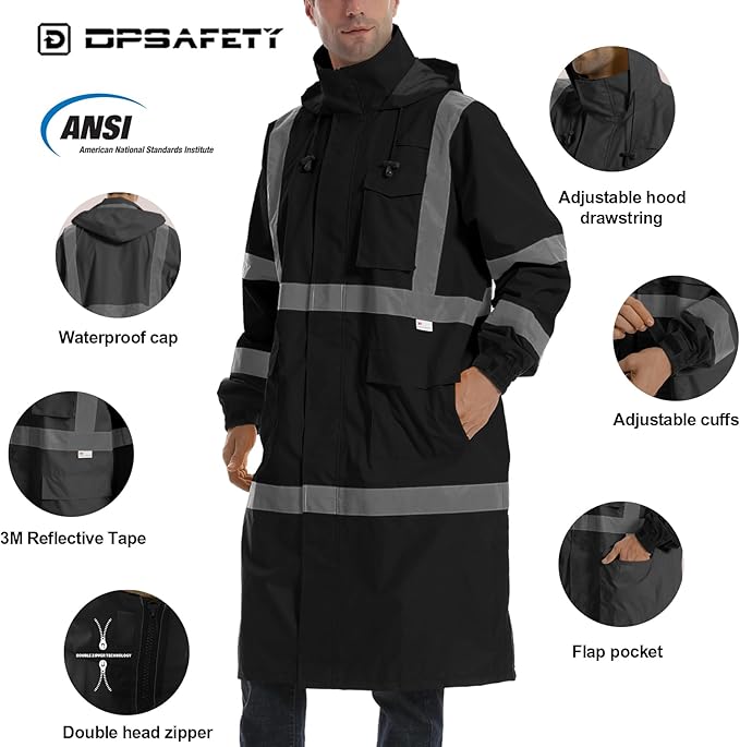 Hi Vis Rain Jacket, Men's Workwear, Class 3, Black, 4XL