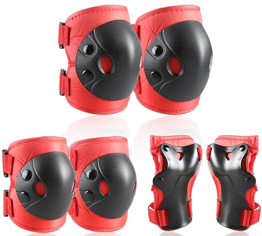 Cockchafer Kids and Youth Knee Elbow Wrist Guards Protective Gear Set for Skateboarding, Roller Skating, Inline Skating, Scooter Riding, BMX Biking (Red, Medium)