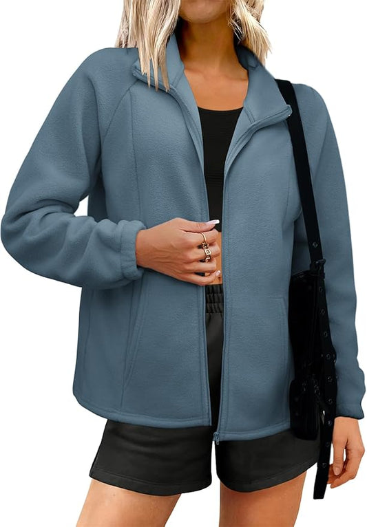 Womens Zip Up Fleece Jacket With 6 Pockets Casual Long Sleeve Fall Winter Fashion Outfits Clothes 2025