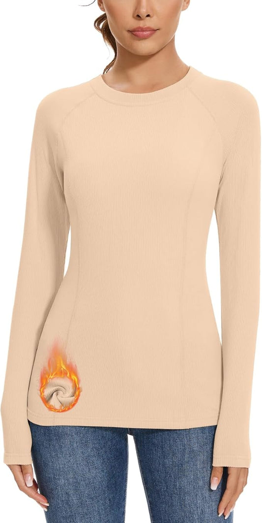 WOWENY Thermal Shirts for Women Ribbed Crewneck Base Layer Soft Fleece Long Sleeve Top Thermal Underwear Winter