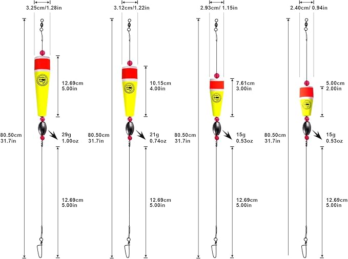 Fishing Floats Rigs Popping Corks for Saltwater Rattle Weighted Bobbers Fishing Tackle (4pcs, 2/3/4/5 in, Green/Yellow/Orange)