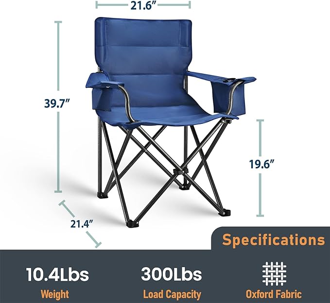 Camping Chair Folding Heavy Duty with Cup Holder & Cooler Bag, Oversized Portable Lawn Chair for Adults, Tall and Lightweight, 300 Lbs Capacity, for Beach, Fishing, Sports, Travel