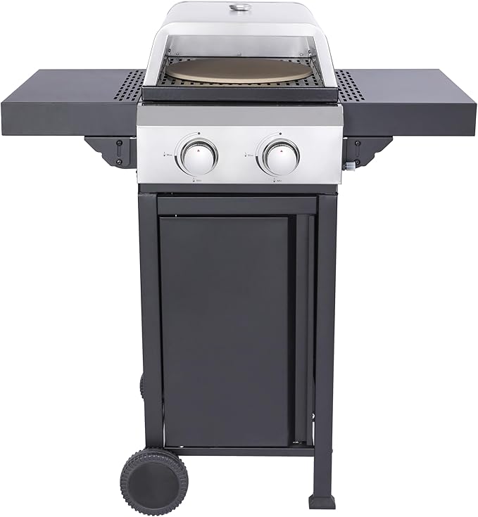 2-Burner Propane Gas BBQ Grill, Pizza Box, 24600BTU Output With Wire Enamel Cooking Grids For Outdoor Barbecue, Foldable Side Table, Hanging Basket, Stainless Steel