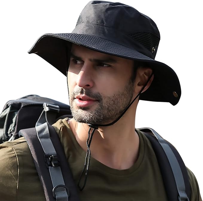 Men's Sun Hat Outdoor UPF50+ Mesh Wide Brim Bucket Safari Cap Foldable Waterproof Boonie Fishing Hats