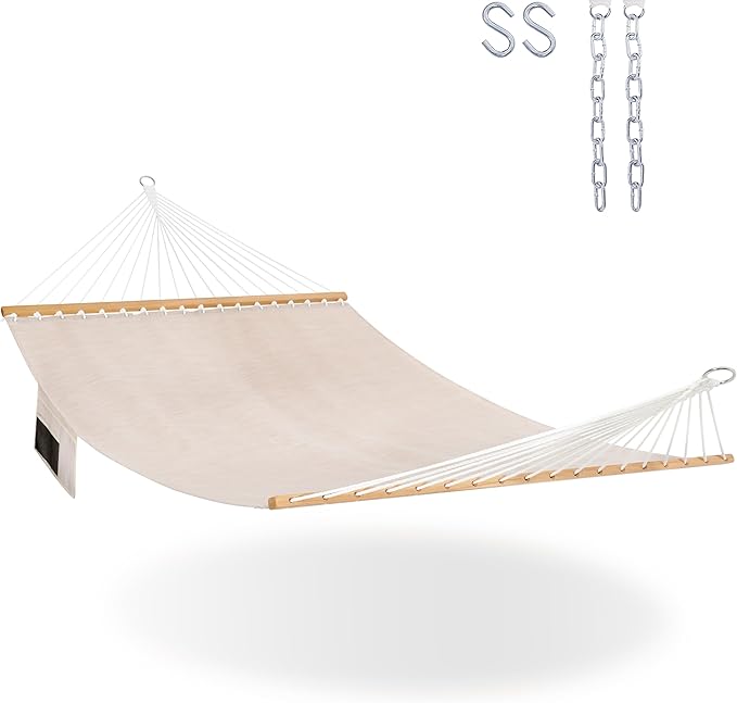 Lazy Daze Hammocks 11 FT Double Outside Hammock Quick Dry Olefin Fabric Hammock with Spreader Bar & Side Pocket for Outdoor Poolside Backyard 450 lbs Capacity, Beige