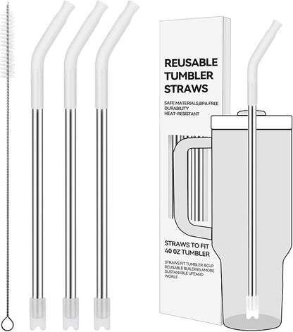 Reusable Metal Straws with Silicone Tip for Stanley 40oz,Stainless Steel Drinking Straws for 40oz Tumbler,3 Straight Tubes & 6 Tips& 1 Cleanr Brush(Transparent)