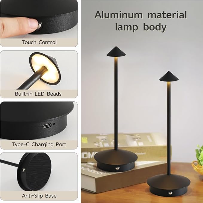 LED Cordless Table Lamps, Portable Rechargeable 6000mAh Outdoor Lights, 3 Color Stepless Dimming Battery Powered Bedside Lamp,wireless Touch Desk Lamp For Bedroom/Kitchen Lamp/Camping/Patio(Black）