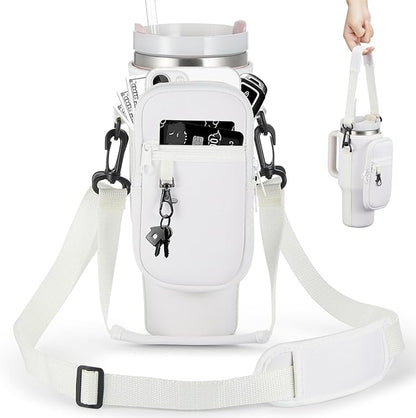 Water Bottle Carrier Bag with Phone Pocket for Stanley 40 & 30 oz Tumbler with Handle,Pink Insulated Neoprene Cup Holder Pouch w/Adjustable Strap for Quencher H2.0 Stanley Cup Accessories