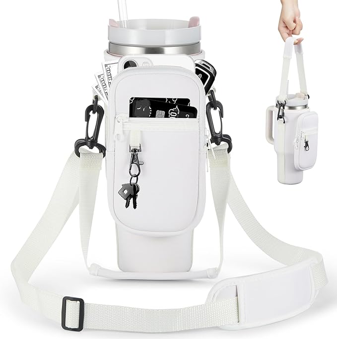 Water Bottle Carrier Bag with Phone Pocket for Stanley 40 & 30 oz Tumbler with Handle,Pink Insulated Neoprene Cup Holder Pouch w/Adjustable Strap for Quencher H2.0 Stanley Cup Accessories