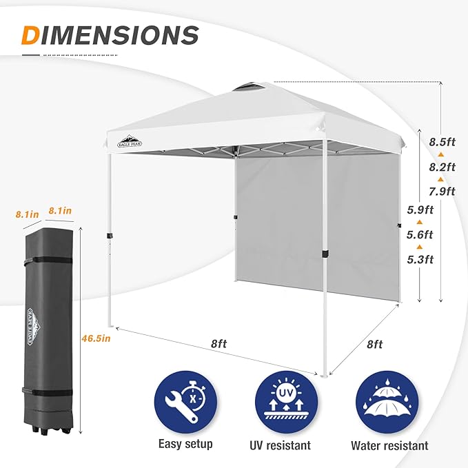 EAGLE PEAK Pop Up Canopy Tent with 1 Sidewall, Easy Setup Event Tent, Outdoor Sun Shade, Wheeled Carry Bag, Stakes and Guy Ropes, Instant Canopy 8x8, White