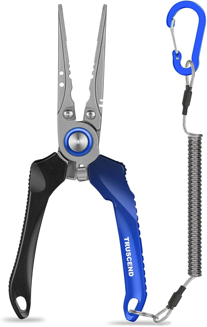 TRUSCEND Lockable Handy Fishing Pliers with Innovative Ergonomic Handle, Saltwater Corrosion Resistant Teflon Coated Fishing Tool, Multi-Function Fishing Gear with Mo-V Cutter