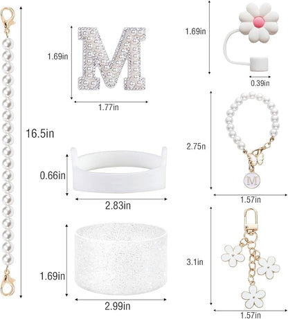 Stanley Cup Accessories Set - Including Water Bottle Carrying Pearl Strap, Handle Letter Charms Sticker, Silicone Cups Boot Straw Cover for 40oz & 30oz Tumbler Accessory Kit