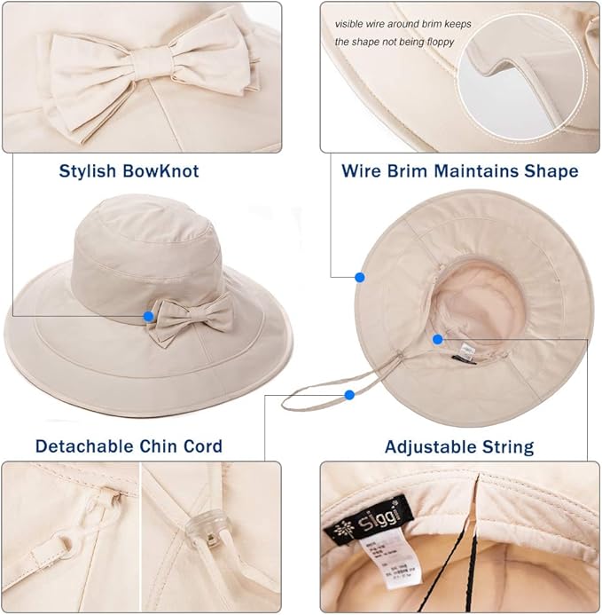 Comhats Packable Summer Cotton Sun Hat Bucket for Women UV Protection Wide Brim Beach Gardening Travel 54-64CM