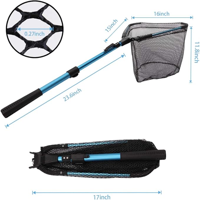 YVLEEN Folding Fishing Net - Foldable Fish Landing Net Robust Aluminum Telescopic Pole Handle and Nylon Mesh 16inch Hoop Size