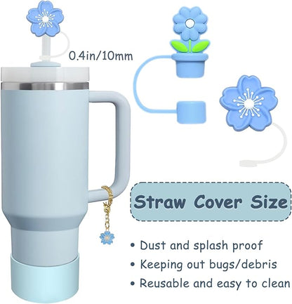 Stanley Cup Accessories Set,Including 2 Pcs 0.4in Straw Cover, 1 Silicone Spill-Proof Stopper Set of 3, 1 Cute Flower Handle Charm, 1 Silicone Boot Fits Stanley 40&30 Oz Tumbler (Blue)