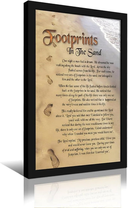 Footprints in the Sand Religious Canvas Wall Art Posters, Inspirational Beach Sunset Poem Print Poster (Black Framed 24x36inch, Footprints(3))
