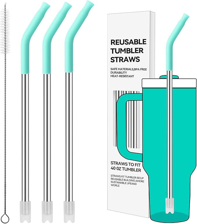Reusable Metal Straws with Silicone Tip for Stanley 40oz,Stainless Steel Drinking Straws for 40oz Tumbler,3 Straight Tubes & 6 Tips& 1 Cleanr Brush(Tropical Teal)