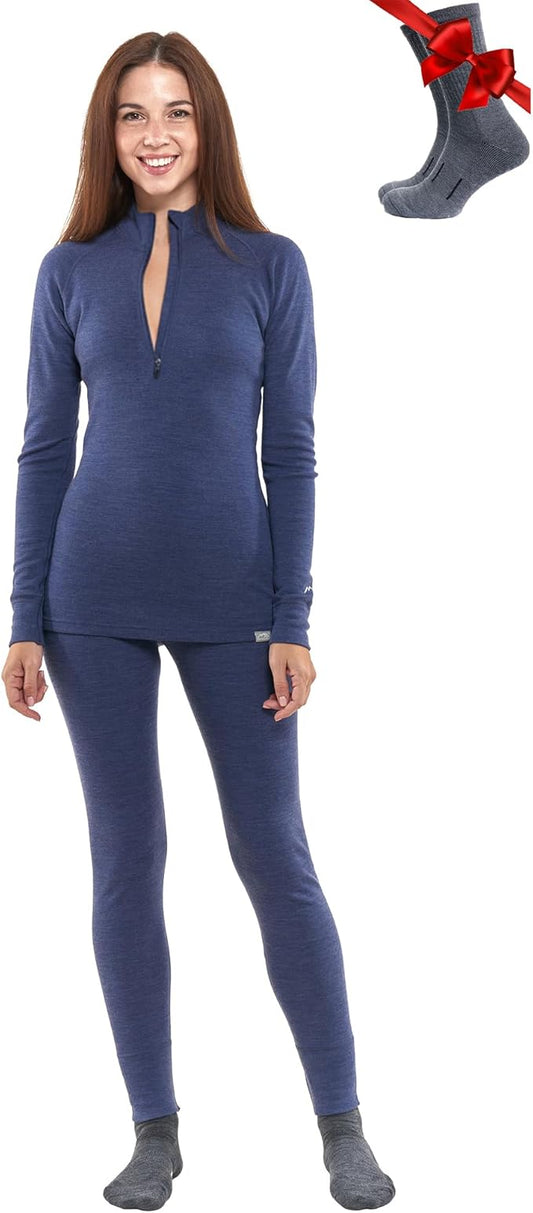 Merino.tech Women’s Merino Wool Base Layer Set - Zip-Up Heavyweight, Midweight Thermal Top & Bottom