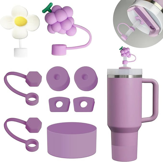 Lilac Silicone Stanley Cup Accessories Set: 6 Pcs Spill Proof Stopper, 2 Pcs Straw Cover Cap, 1 Pcs Silicone Boot for Stanley 40oz & 30oz Tumbler
