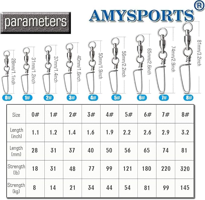 AMYSPORTS High Strength Fishing Snap Swivels Ball Bearing Swivels Stainless Fishing Swivels Saltwater Corrosion Resistance Barrel Swivel for Freshwater Fishing