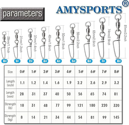 AMYSPORTS High Strength Fishing Snap Swivels Ball Bearing Swivels Stainless Fishing Swivels Saltwater Corrosion Resistance Barrel Swivel for Freshwater Fishing
