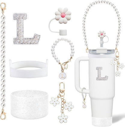 Stanley Cup Accessories Set - Including Water Bottle Carrying Pearl Strap, Handle Letter Charms Sticker, Silicone Cups Boot Straw Cover for 40oz & 30oz Tumbler Accessory Kit