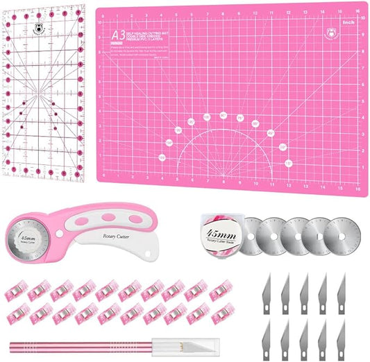 Headley Tools Rotary Cutter Set - 45mm Fabric Cutter, 5 Replacement Rotary Blades, A3 Cutting Mat, Quilting Ruler and Sewing Clips, Craft Knife Set, Ideal for Crafting, Sewing, Patchworking, Pink