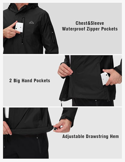TBMPOY Men's Lightweight Rain Jackets Waterproof Raincoat with Hood Running Cycling Hiking Outdoor Windbreaker