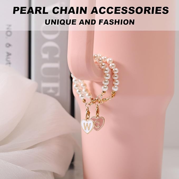 Charms for Stanley Cup，2pcs Pearl Chain for Stanley Cup Accessories Initial Letter Charms Handle with 2pcs Straw covers Stuff Decor Water Bottle Jewelry Tumbler Personalized Decorations Tag V