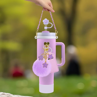 Velaco 11 PCS Accessories for Stanley Cup, Water Bottle Handle Strap for Stanley 30/40 oz tumbler with handle, including Straw Toppers, Silicone Cup Boot, Keychain Charms - Purple