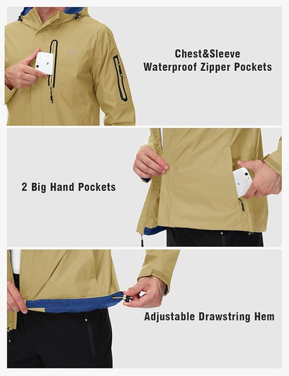TBMPOY Men's Lightweight Rain Jackets Waterproof Raincoat with Hood Running Cycling Hiking Outdoor Windbreaker