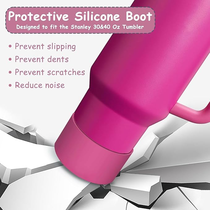 Stanley Cup Accessories Set,Including 2 Pcs 0.4in Straw Cover, 1 Silicone Spill-Proof Stopper Set of 3, 1 Cute Heart Handle Charm, 1 Silicone Boot Fits Stanley 40&30 Oz Tumbler (Fuchsia)