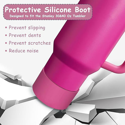 Stanley Cup Accessories Set,Including 2 Pcs 0.4in Straw Cover, 1 Silicone Spill-Proof Stopper Set of 3, 1 Cute Heart Handle Charm, 1 Silicone Boot Fits Stanley 40&30 Oz Tumbler (Fuchsia)