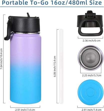 Volhoply 16 OZ Kids Water Bottle Bulk 4 Pack,Insulated Sports Bottles with Straw Lid,Stainless Steel Bottle with Handle Keep Cold,Double Wall Vacuum Tumbler Cups for School,Girl(Lavender Blue, 4