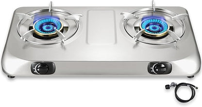 Propane Stove 2 Burner Gas Stove Top, 27200 BTU High-Efficiency LPG Metal Cooktop With Auto Ignition, CSA Regulator and Hose, Perfect for Outdoor Kitchen, Camping, RV & Emergency Cooking