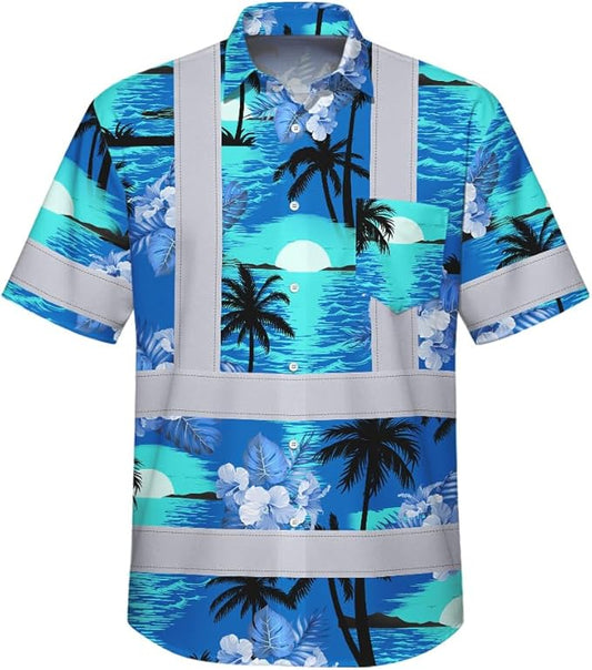 High Visibility Hawaiian Shirt for Men Tropical Shirts Custom Name Floral Outfit Reflective Safety Workwear