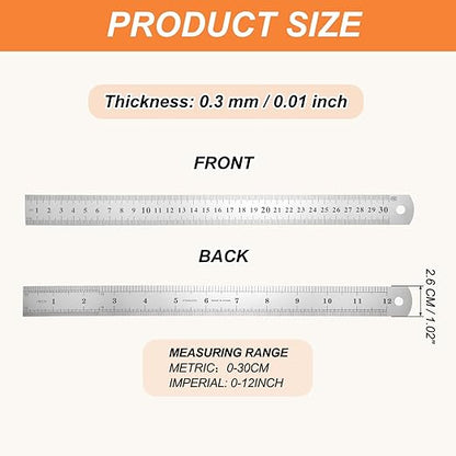 HARFINGTON Steel Ruler 12" x1-1/32 Machinist Metal Ruler Carbon Steel Metric Straight Edge Measuring Tools 0.3mm Thick for Engineering Architect Drawing Home Office
