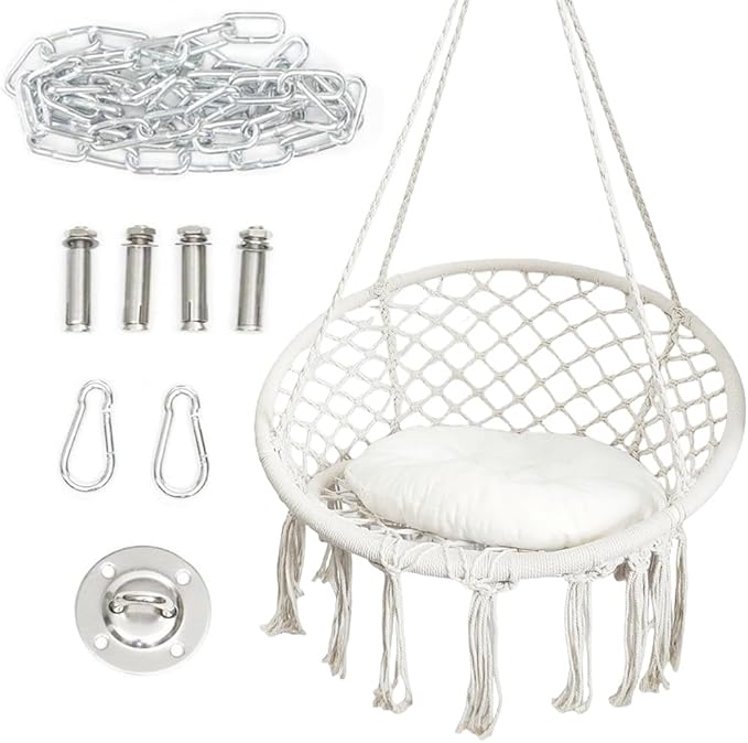 Hammock Hanging Swinging Chair,Hanging Cotton Rope Swing Chairs with Cushion and Hardware Kits, Hanging Chairs for Indoor Balcony and Outdoor Use,Perfect for Bedroom, Porch, Kids, Adults, (330 Lbs)