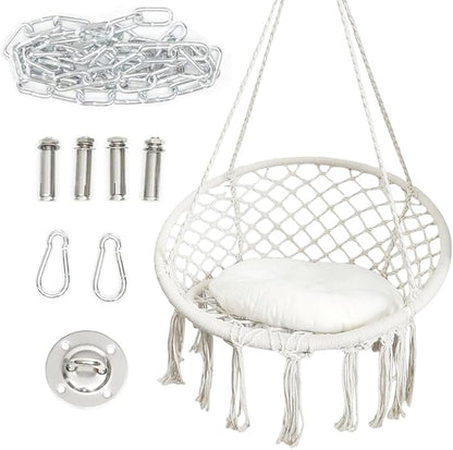 Hammock Hanging Swinging Chair,Hanging Cotton Rope Swing Chairs with Cushion and Hardware Kits, Hanging Chairs for Indoor Balcony and Outdoor Use,Perfect for Bedroom, Porch, Kids, Adults, (330 Lbs)