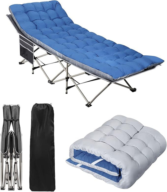 HAITRAL Portable Camping Cot with Mattress - Outdoor Folding Heavy Duty Sleeping Bed with Side Pocket for Adults - Oxford Single Lounge Chaise for Camping Tent Beach Office Max Load 300 LBS (Grey)