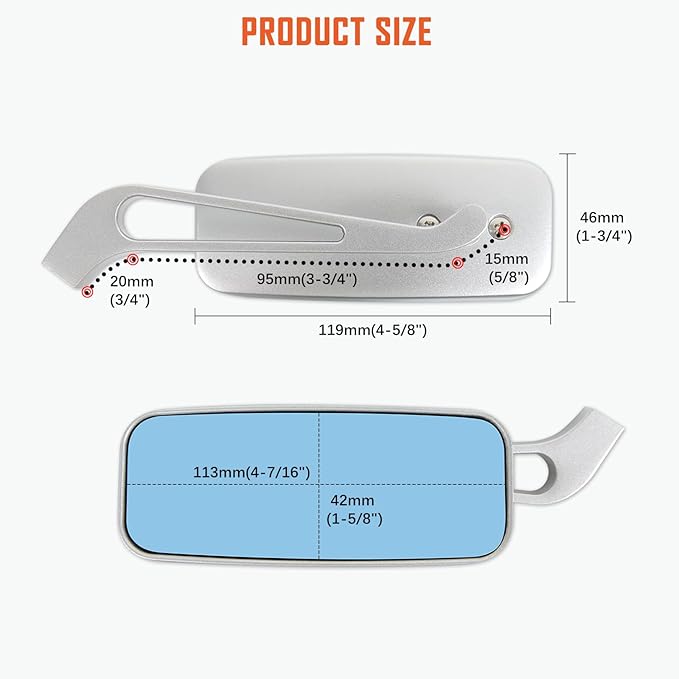 Devilmotor Black Rectangle Motorcycle Bobber Mirrors for Cruiser Chopper with Smoke Blue 8mm-10mm (Silver)