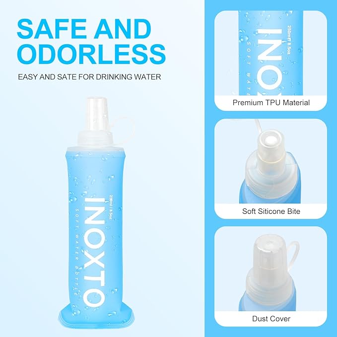 INOXTO Soft Flask,Collapsible Soft Water Bottles for Hydration Vests and Running Packs, Soft Flask Running Bottles for Hiking Cycling(250/500 ml) (2 PCS 250ML)